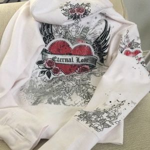 Hooded embellished sweat shirt with lined hood - size small- good condition